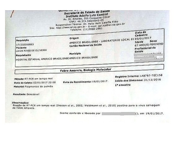 Laudo do Instituto Adolfo Lutz mostra que paciente havia contraído febre amarela (Foto: Reprodução)